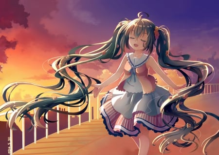 Melody - nice, beauty, female, twintail, anime girl, miku hatsune, pretty, evening, anime, miku, twin tail, sing, scene, hatsune miku, girl, twintails, long hair, night, gown, lovely, hatsune, vocaloids, twin tails, dawn, vocaloid, beautiful, singing, sweet, dress