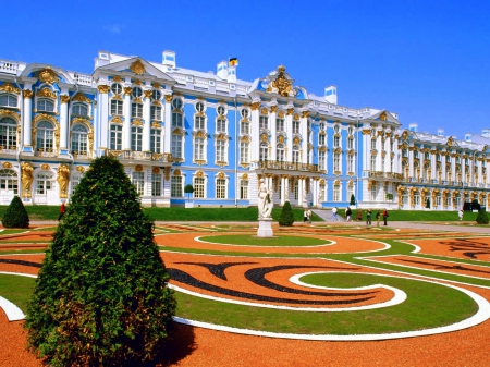 Catherine Palace - trees, garden, Palace, statue, gilt