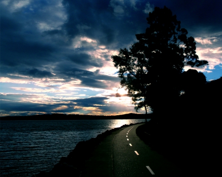 Coastal Road under beautiful sky - sky, trees, coastline, roads, wallpaper, coast, nature, oceans, clouds, sunsets, new