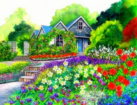 â˜…Gardener's Delightâ˜… - places, creative pre-made, home, architecture, paintings, attractions in dreams, houses, summer, gardens, stunning, country, love four seasons, gardens and parks, beautiful, delight, flowers, memories, lovely flowers