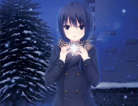 SnowFlakes - pretty, anime, female, snowflakes, blue, snow, night, short hair, hd, nice, anime girl, winter, beautiful, girl, sweater, beauty, lovely, sweet, tree, cg, flakes, cold