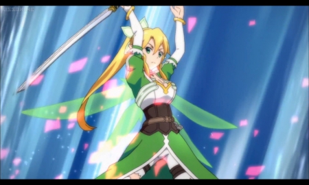 Leafa - anime, female, wing, blue, blonde, blond hair, long hair, blond, sword art online, sao, anime girl, lyfa, beautiful, hot, girl, sword, leafa, blonde hair, beauty, green, wings, fairy, sexy