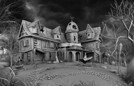 A Haunted House - house, halloween, grey, trees