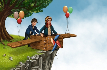 Trust Me - balloons, girl, box, cliff, boy, plane