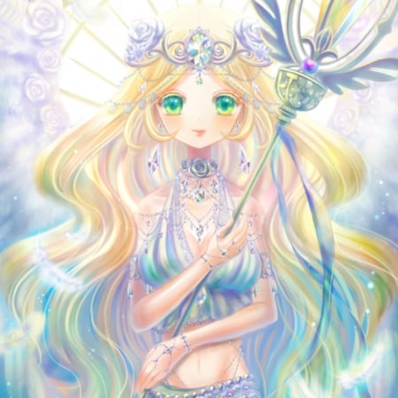 Like an Angel - pretty, blushing, magic, female, maiden, green eyes, happy, blond, princess, nice, gown, royalty, beauty, feather, cg, lady, green, anime, tiara, yellow, kawaii, crown, dress, blonde, blond hair, long hair, gorgeous, hd, anime girl, queen, beautiful, staff, girl, blush, blonde hair, lovely, sweet, fantasy, smile, awesome, adorable