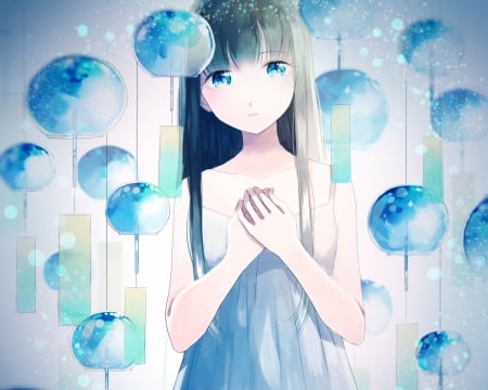 Blue Chime - pretty, anime, female, blue, chime, maiden, dress, gloomy, long hair, emotional, gloom, sad, sorrow, nice, anime girl, beautiful, girl, sundress, beauty, lovely, sweet, lady