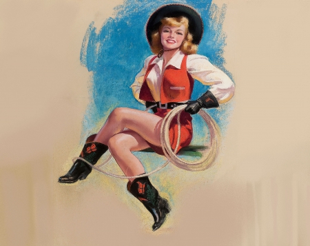 Nostalgic Cowgirl - women, fun, female, boots, hats, nostalgia, girls, cowgirls, style, drawing, painting, famous, art, westerns