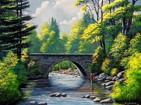 Lure of outdoors - fishing, sky, trees, stream, creek, painting, art, river, clouds, bridge, mountain, day, summer, shore, outdoors, forest, beautiful, lure