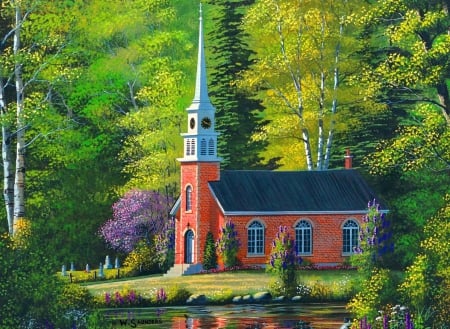 Reflections - reflections, trees, summer, beautiful, forest, church, calmness, river, shore, nature, painting, serenity, lake, peaceful, art