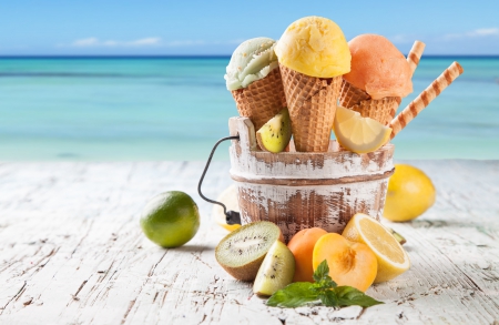 Ice cream - ice cream, beach, fruits, summer, sea