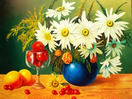 Still life - glass, pretty, beautiful, flowers, fruits, bouquet, vase, harmony, still life, art, nice, lovely, daisies, painting, colorful