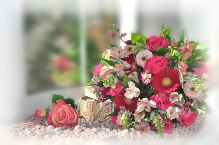 Pearls and Roses - pearls, window, roses, arrangement, flowers, bouquet, still life