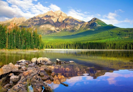 Pyramid Lake, Alberta - lake, water, summer, mountains, rocks, forest, beautiful, clouds, jasper national park, canada