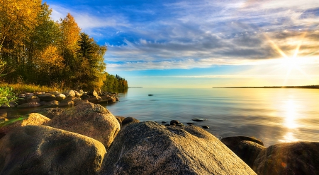 Autumn Day At Sunset - calm waters, lakes, autumn, trees, clouds, beautiful, stones, sunset