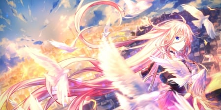 I A - dove, sunset, doves, pretty, vocaloid, beautiful, city, anime, cute, ia