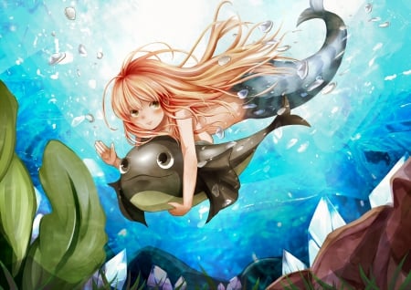 Mermaid with fish - fairytale, mermaid, fish, fantasy, underwater