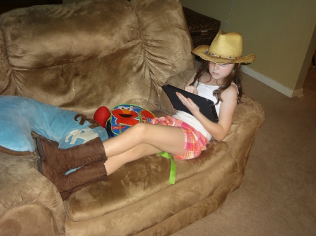 Little Cowgirl - boots, hat, couch, cowgirl