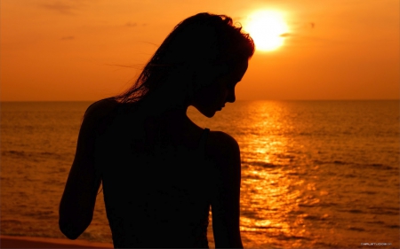 Golden Sunset - woman, ocean, silhouette, sunset