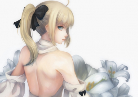 Pure White - pretty, saber, anime, female, blossom, blonde, blond hair, long hair, saber lily, gorgeous, blond, plain, ribbon, hd, nice, anime girl, beautiful, girl, simple, blonde hair, beauty, lovely, sweet, flower, lily, cg, white, floral, sexy, fate stay night