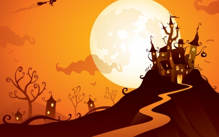 Happy Halloween! - halloween, moon, orange, tree, castle, vector, abstract