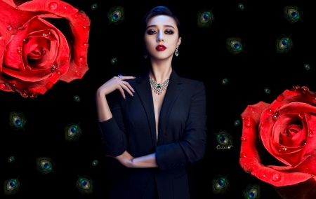 Fan Bingbing - woman, fan bingbing, ring, black, rose, model, peacock, feather, green, girl, necklace, jewel, red, blue, by cehenot, flower, earring