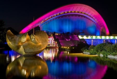 House of World Cultures, Berlin - germany, hall, colors, night, light, building