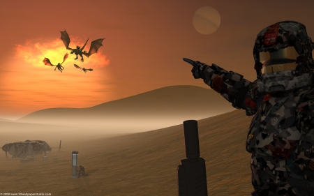 dragons above - soldier, desert, sunset, dragons