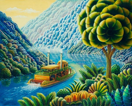 Riverboat - ship, trees, river, artwork, digital, mountains, plants