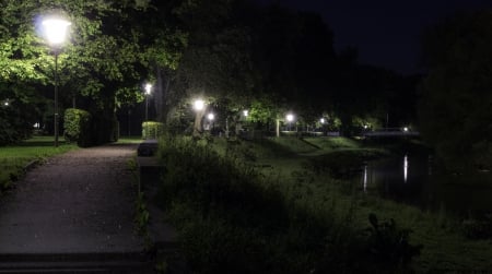 beautiful path near a river at night - phozography, light, water, night, wallapaper, path, nature, dark, river, tree