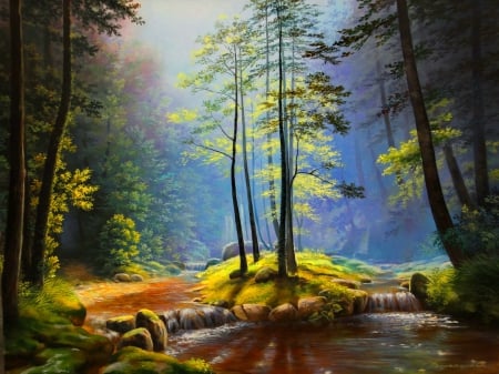 Forest stream - quiet, trees, summer, beautiful, creek, stream, lovely, calmness, river, nature, painting, mist, serenity, art