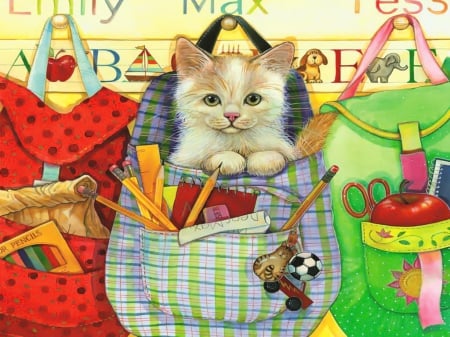 Backpack kitty - pensils, backpack, pens, letters, sweet, cat, fluffy, colorful, kitten, funny, painting, cute, adorable, art, kitty