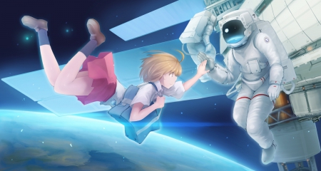 Cosmic High Five - red skirt, stars, space suit, high five, anime girl, space, school uniform, astronaught, anime, planet, blonde