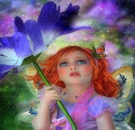 ~Softly Raining~ - pretty, people, female, angels, creative pre-made, butterflies, photomanipulation, emotional, beautiful girls, butterfly designs, raining, softness beauty, digital art, models, weird things people wear, colors, lovely, girls, fantasy, redhead, wings, love four seasons