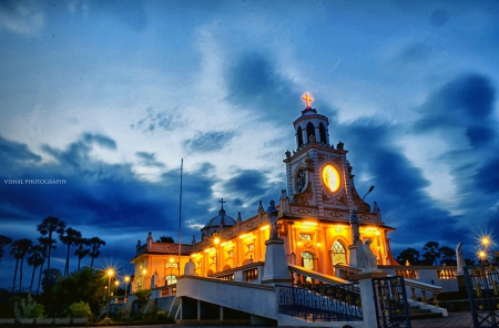 The Church - christ, jesus, blue, evening, india, angel, gospel, church, architecture, mary, mother, sky, pondicherry