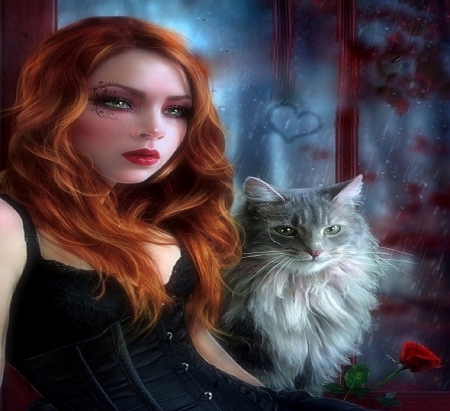 ~I'd Love to Raining~ - pretty, people, female, creative pre-made, photomanipulation, emotional, beautiful girls, cats, raining, backgrounds, digital art, models, weird things people wear, colors, lovely, girls, redhead, rose, love four seasons