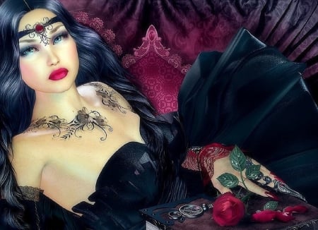 ~Rose of Memories~ - female, roses, hair, crown, characters, creative pre-made, pretty, digital art, 3d and cg, lovely, love four seasons, tattoo art, weird things people wear, backgrounds, beautiful, enchanted, colors