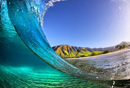 On The Beach... - beach, surf, kauai, summer, mountains, wave, beautiful, island, sea, crystal emerald water