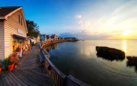 Sunset Stroll - boardwalk, ocean, sunset, buildings