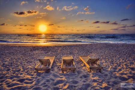 End of a beautiful day - chairs, beach, ocean, sunset