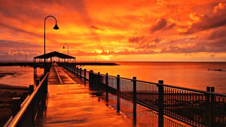 Sunset over Australian Pier - oceans, nature, beaches, sky, sunsets, orange, australia, piers