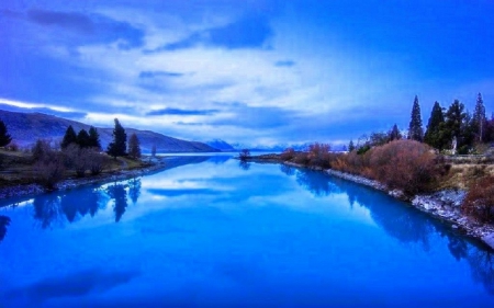 A landscape - lake, trees, forest, blue, clouds