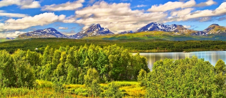 Panorama Northern Norway In Summer - valley, sky, mountain range, snowy peaks, nature, forest, artic circle, river, beautiful, clouds, green grass