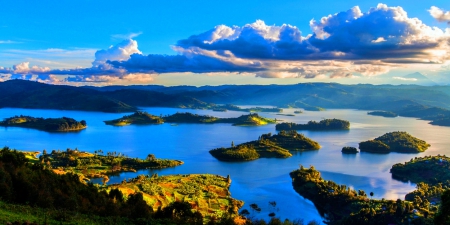 Sunrise At Lake Bunyonyi - clouds, Uganda, fields, beautiful, sunrise, forest, islands, panorama, lake, mountains, sky