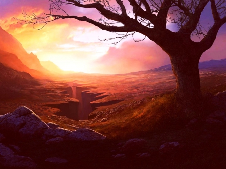 The Divide - fantasy, sunset, landscape, crevice, tree