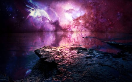 Reflection - sci fi, shoreline, stars, ocean, colorful, nebula