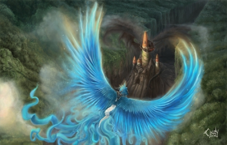 Battle For The Tower - magic bird, blue, smoke, dragon, tower, fantasy