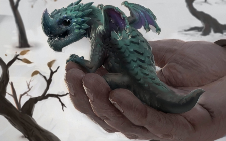 Baby dragon - fantasy, dragon, green, wings, baby, art, Peter Stapleton