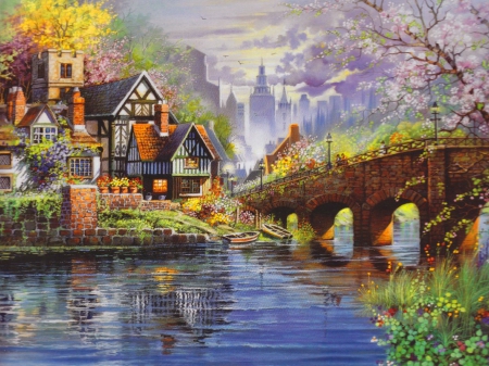 Cottage in the city - countryside, picturesque, lovely, skyscrapers, painting, village, art, town, pretty, reflection, photoshop, beautiful, river, city, bridge