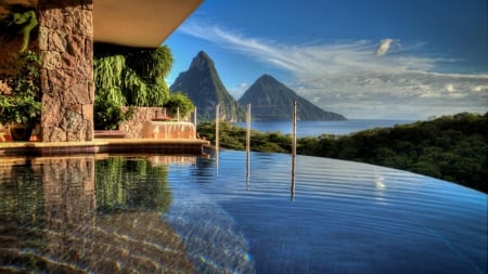 infinity pool in a resort in paradise hdr - landscape, mountain, hdr, sea, resort, pool