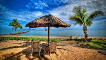 a place in paradise hdr - umbrella, palms, beach, hdr, chairs, sea, sky